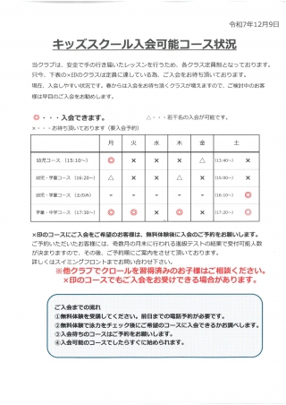 初心者コース入会可能クラスのお知らせ画像